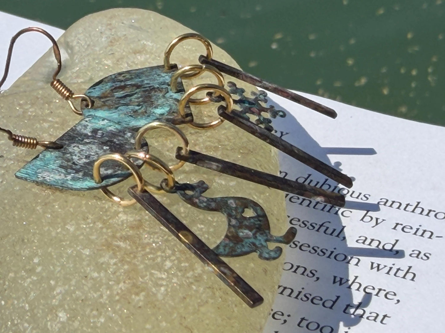 Goose and snowflake earrings. Handmade patina earrings. Rustic earrings, unusual earrings, unusual gift for her, blue earrings. Duck earring