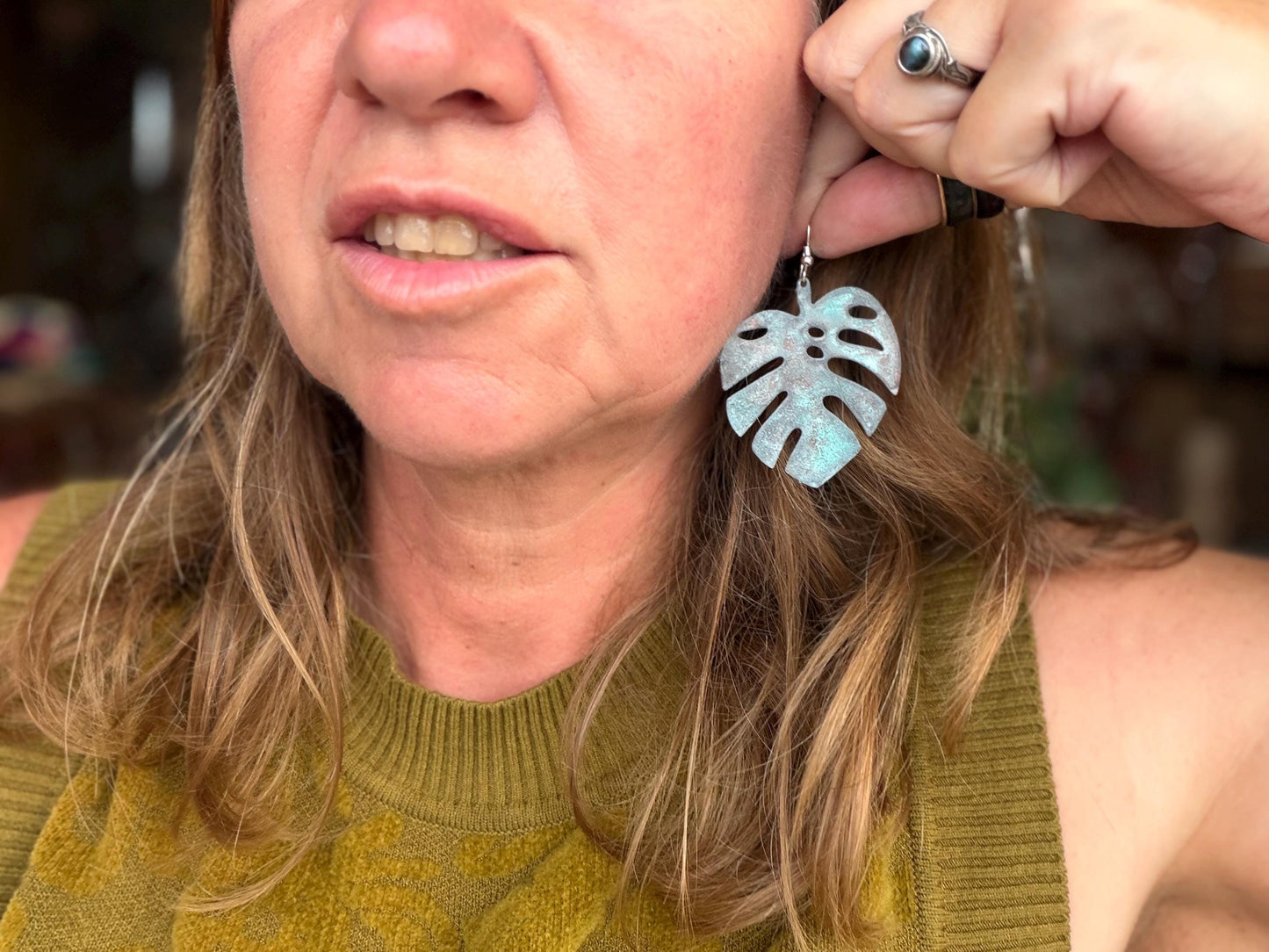 Handmade leaf earrings. Rustic earrings, unusual earrings, unusual gift for her, blue earrings, boho earrings, large statement earrings.