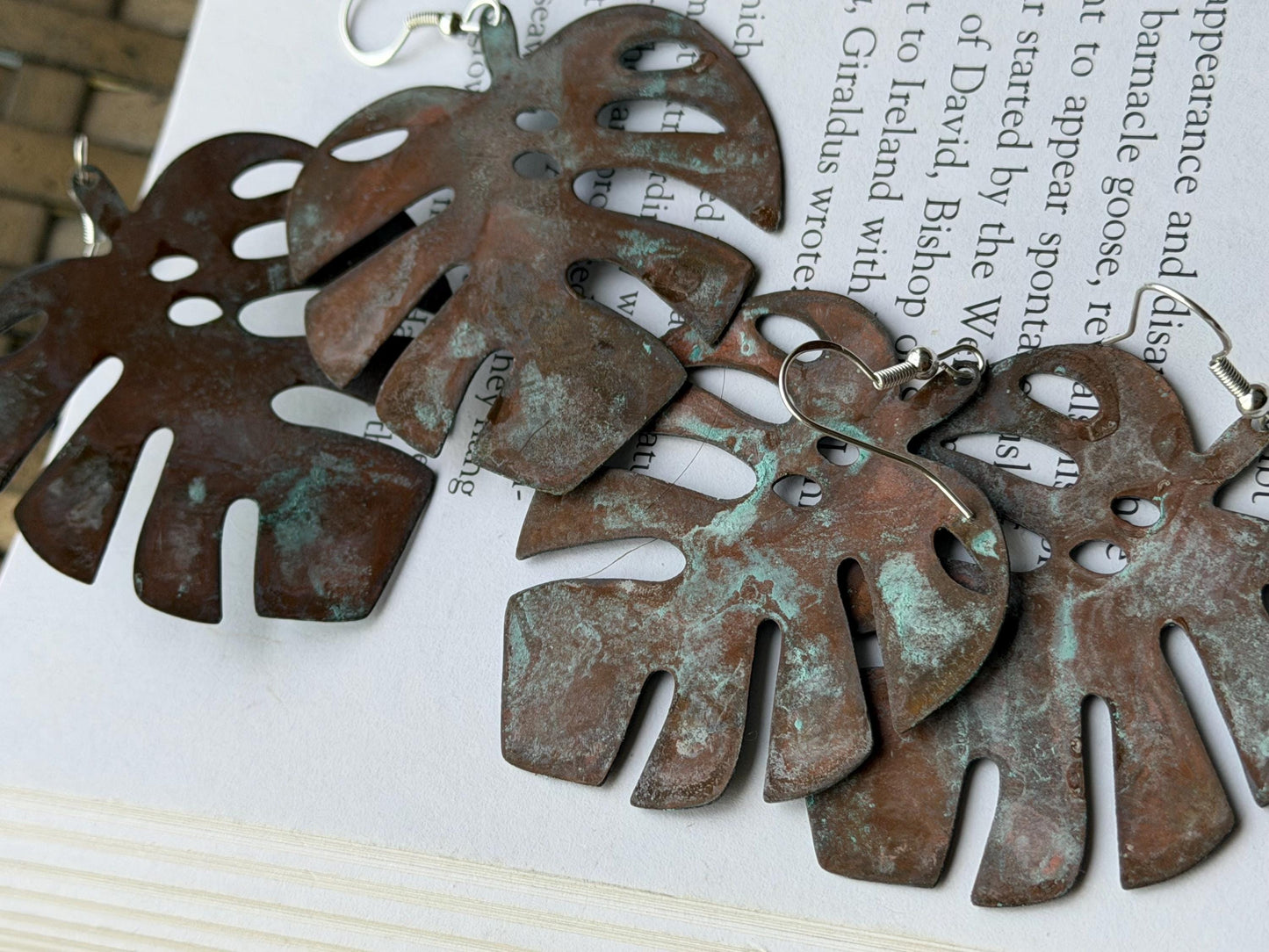 Handmade leaf earrings. Rustic earrings, unusual earrings, unusual gift for her, blue earrings, boho earrings, large statement earrings.