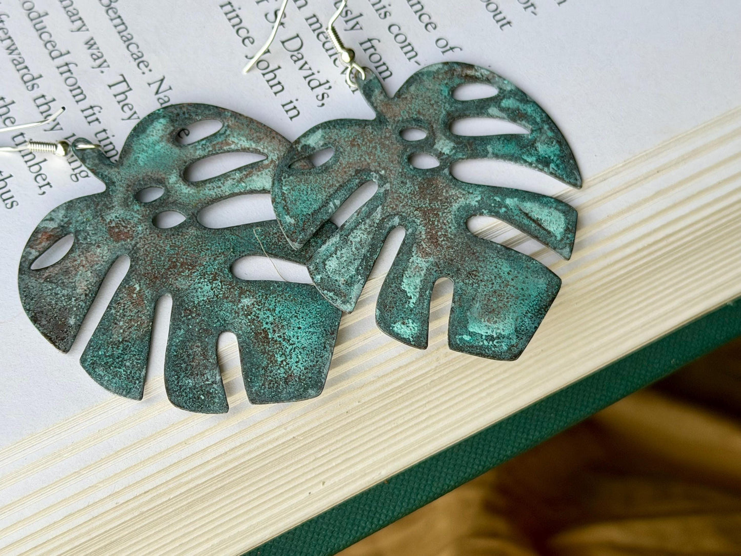 Handmade leaf earrings. Rustic earrings, unusual earrings, unusual gift for her, blue earrings, boho earrings, large statement earrings.