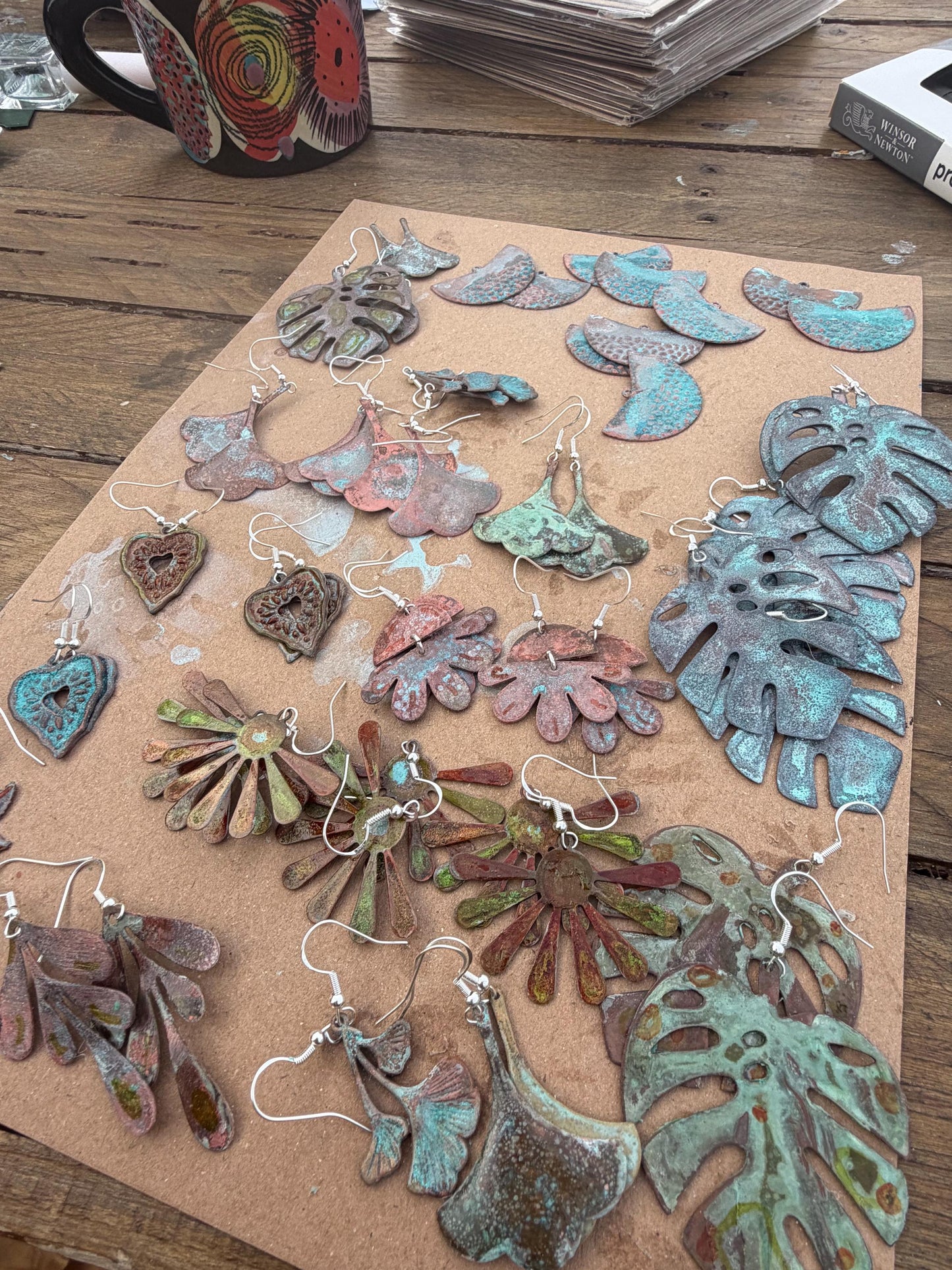 Handmade leaf earrings. Rustic earrings, unusual earrings, unusual gift for her, blue earrings, boho earrings, large statement earrings.