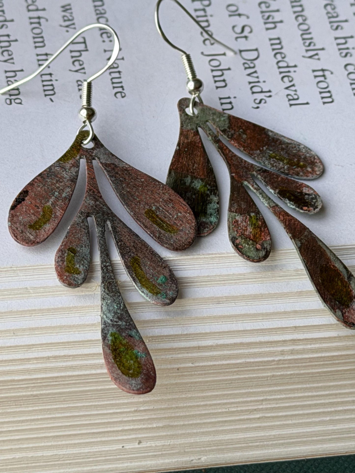 Handmade leaf earrings. Rustic earrings, unusual earrings, unusual gift for her, blue earrings, boho earrings, leaf jewellery, hippy gift