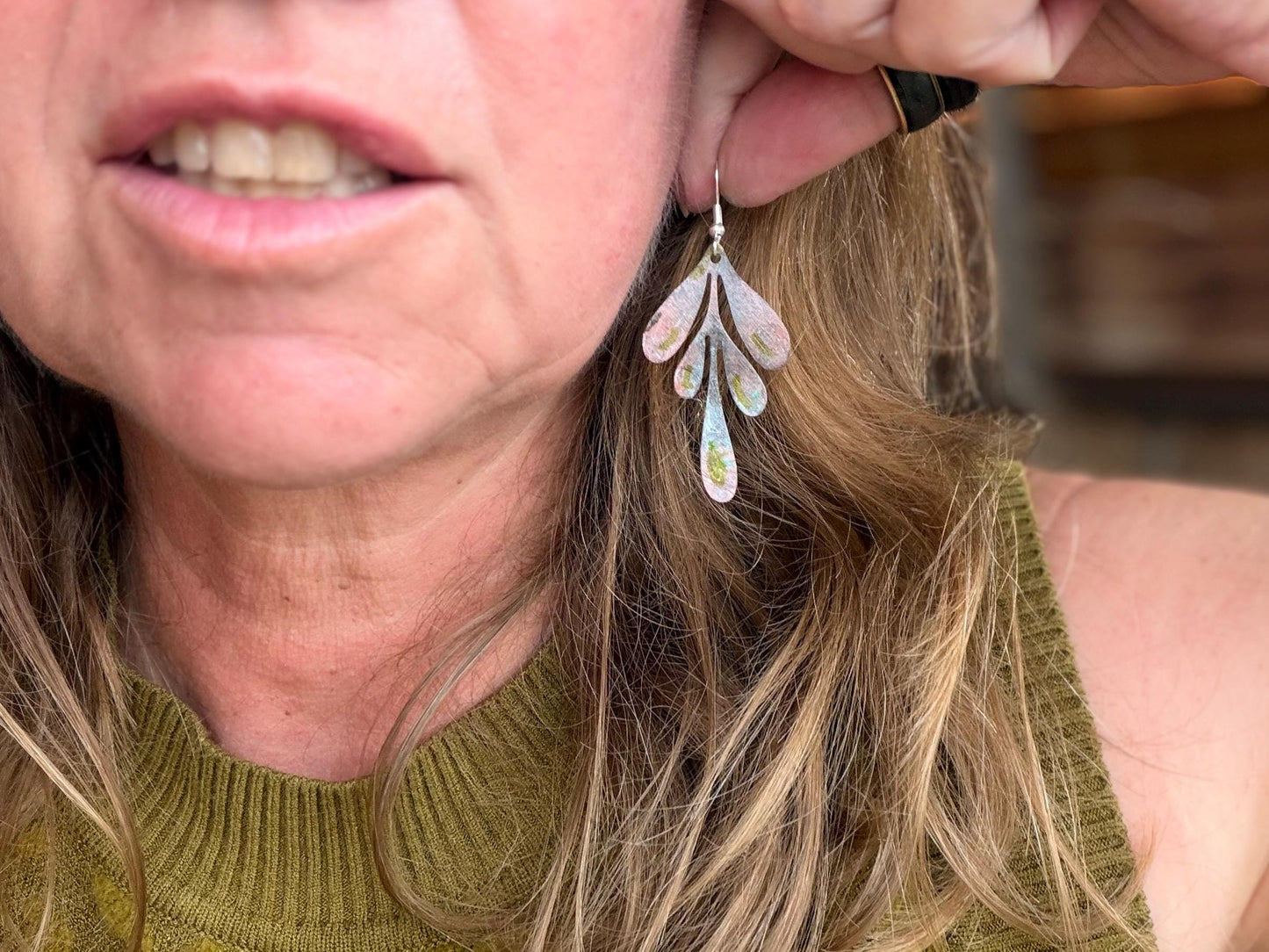Handmade leaf earrings. Rustic earrings, unusual earrings, unusual gift for her, blue earrings, boho earrings, leaf jewellery, hippy gift