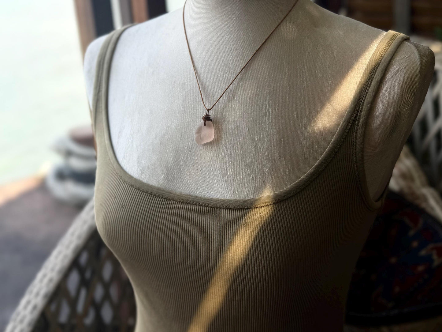 Rustic pink sea glass necklaces. Recycled gift, boho necklaces, unusual gift for him, gift for her, hippy necklace, eco friendly necklaces