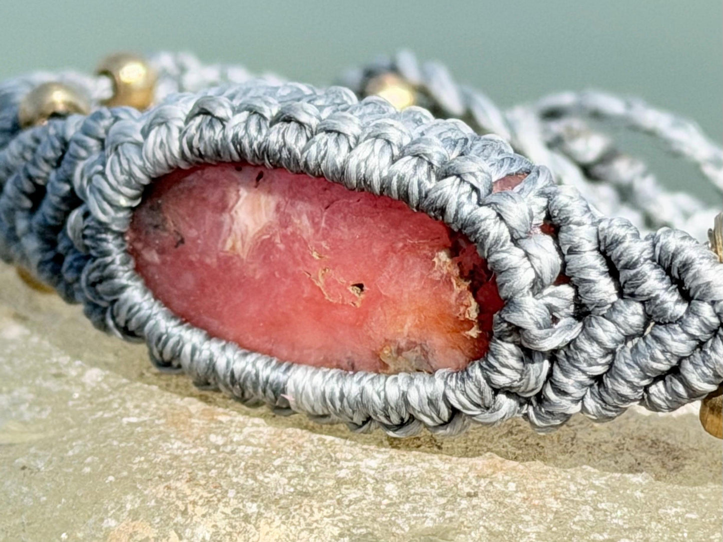 Stunning Rhodochrosite pink bracelet, ethical jewellery, unusual jewellery, rhodochrosite jewellery. Pink macrame bracelet. Boho jewellery.