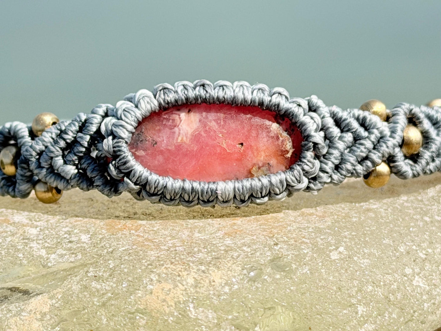 Stunning Rhodochrosite pink bracelet, ethical jewellery, unusual jewellery, rhodochrosite jewellery. Pink macrame bracelet. Boho jewellery.