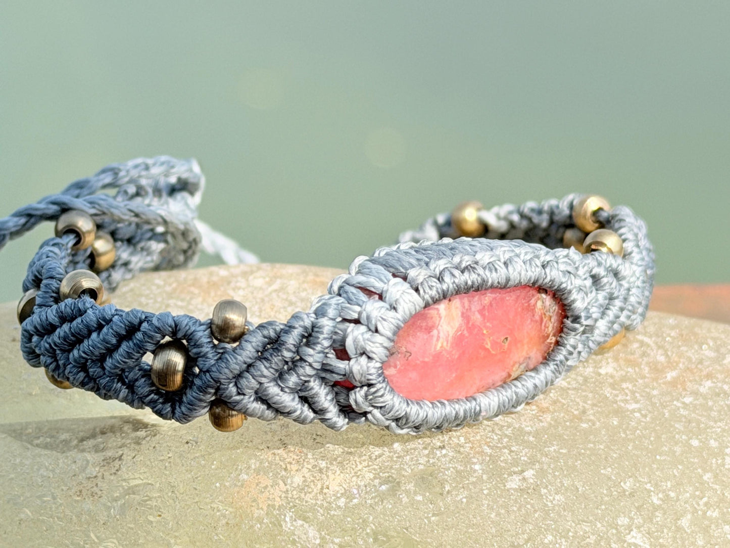 Stunning Rhodochrosite pink bracelet, ethical jewellery, unusual jewellery, rhodochrosite jewellery. Pink macrame bracelet. Boho jewellery.
