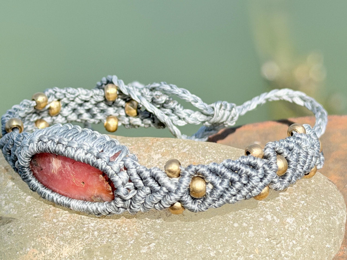 Stunning Rhodochrosite pink bracelet, ethical jewellery, unusual jewellery, rhodochrosite jewellery. Pink macrame bracelet. Boho jewellery.