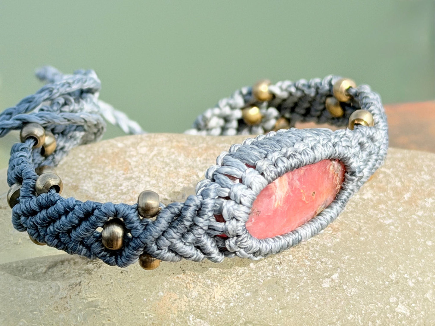 Stunning Rhodochrosite pink bracelet, ethical jewellery, unusual jewellery, rhodochrosite jewellery. Pink macrame bracelet. Boho jewellery.