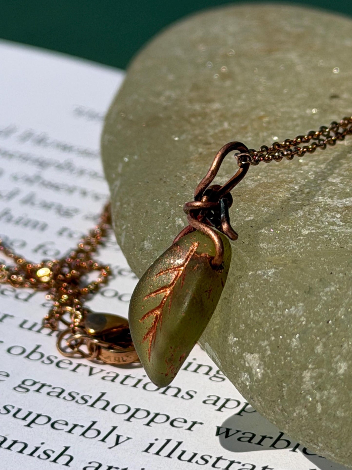Green glass leaf necklace. Handmade necklace, leaf jewellery, gift for gardener, unusual necklace, unique jewellery. Earthy necklace