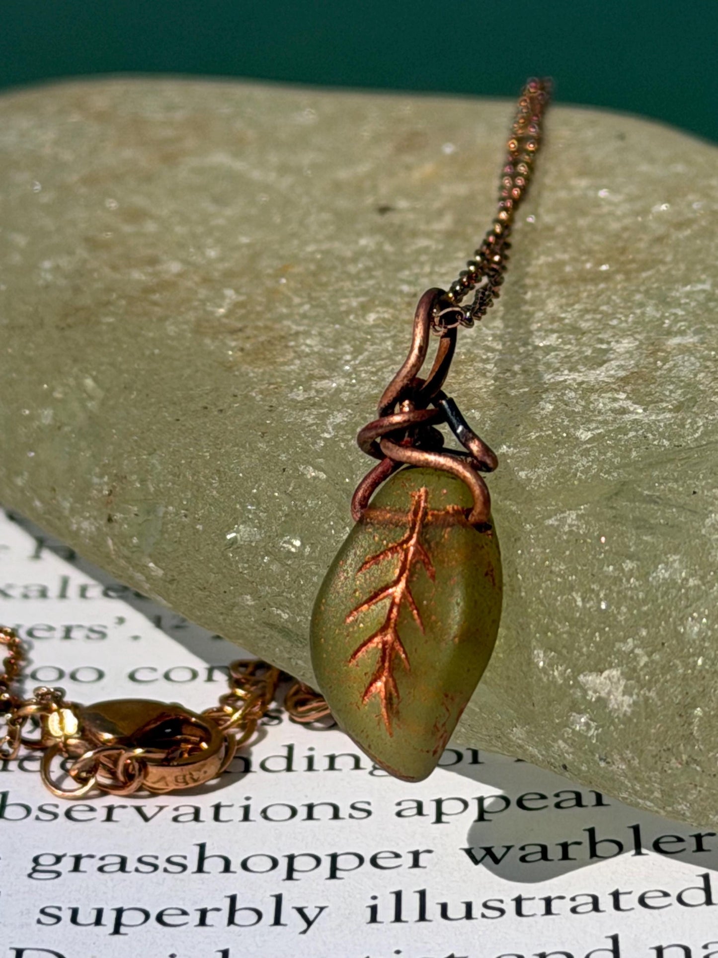 Green glass leaf necklace. Handmade necklace, leaf jewellery, gift for gardener, unusual necklace, unique jewellery. Earthy necklace