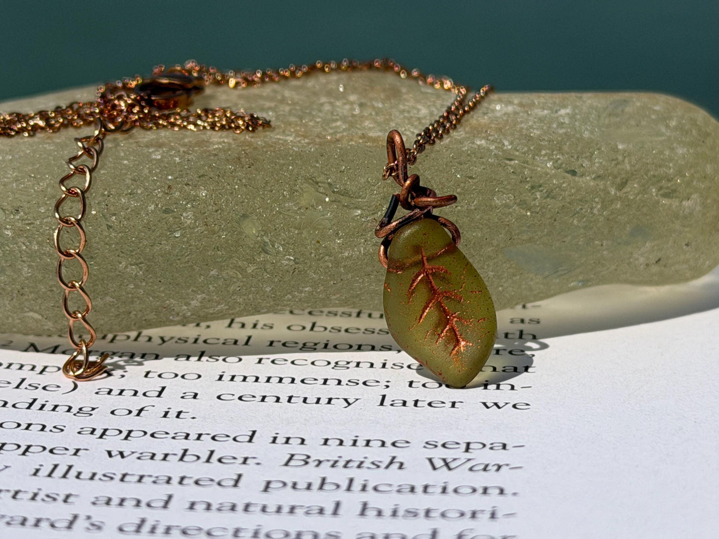 Green glass leaf necklace. Handmade necklace, leaf jewellery, gift for gardener, unusual necklace, unique jewellery. Earthy necklace