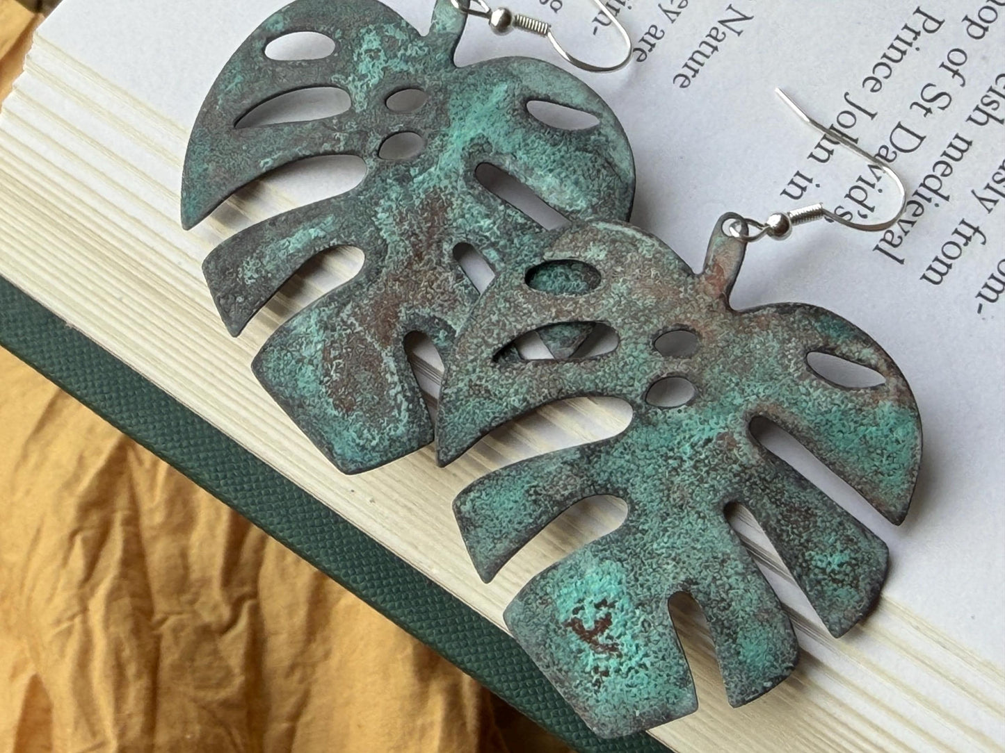 Handmade leaf earrings. Rustic earrings, unusual earrings, unusual gift for her, blue earrings, boho earrings, large statement earrings.