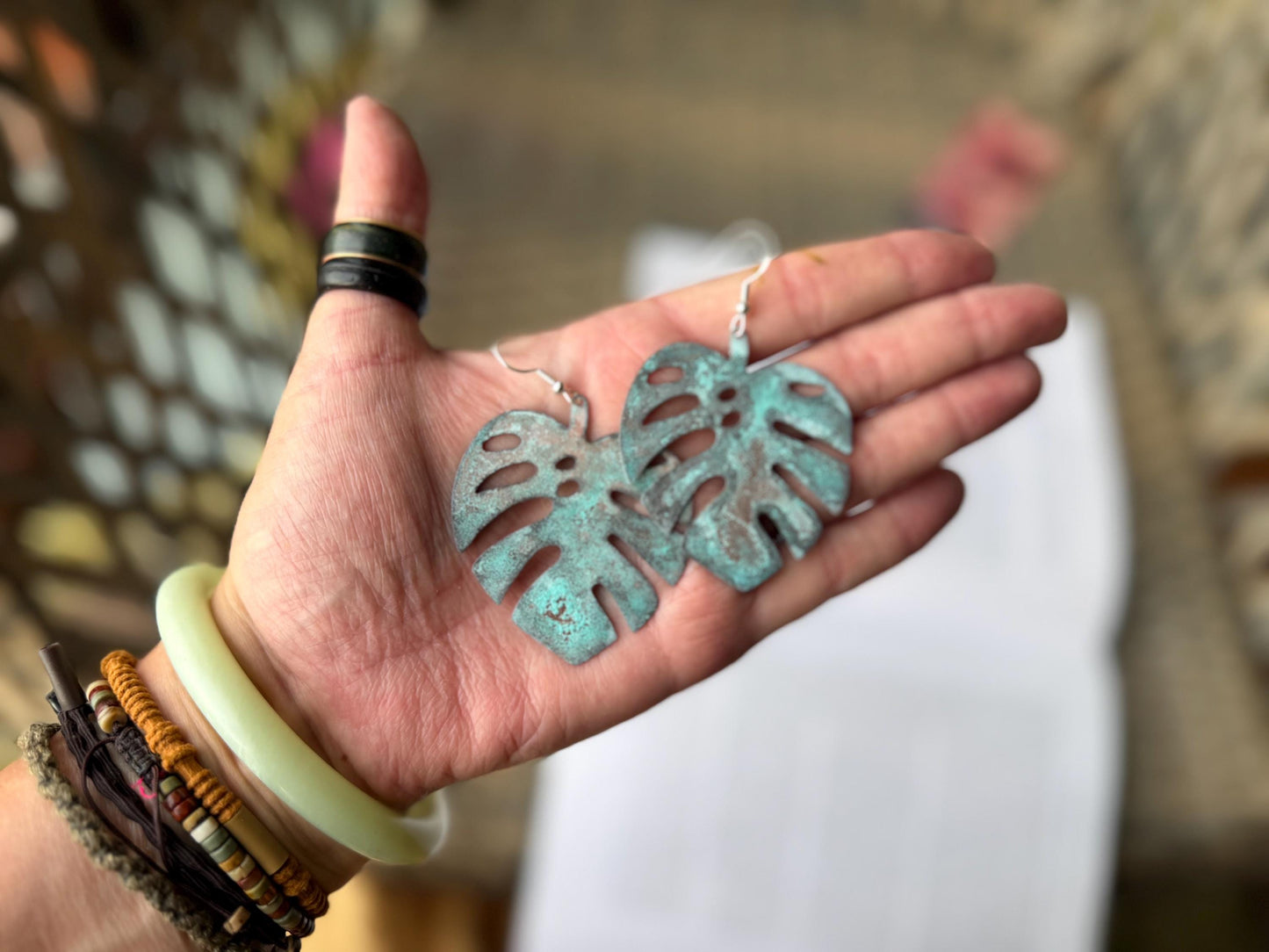 Handmade leaf earrings. Rustic earrings, unusual earrings, unusual gift for her, blue earrings, boho earrings, large statement earrings.