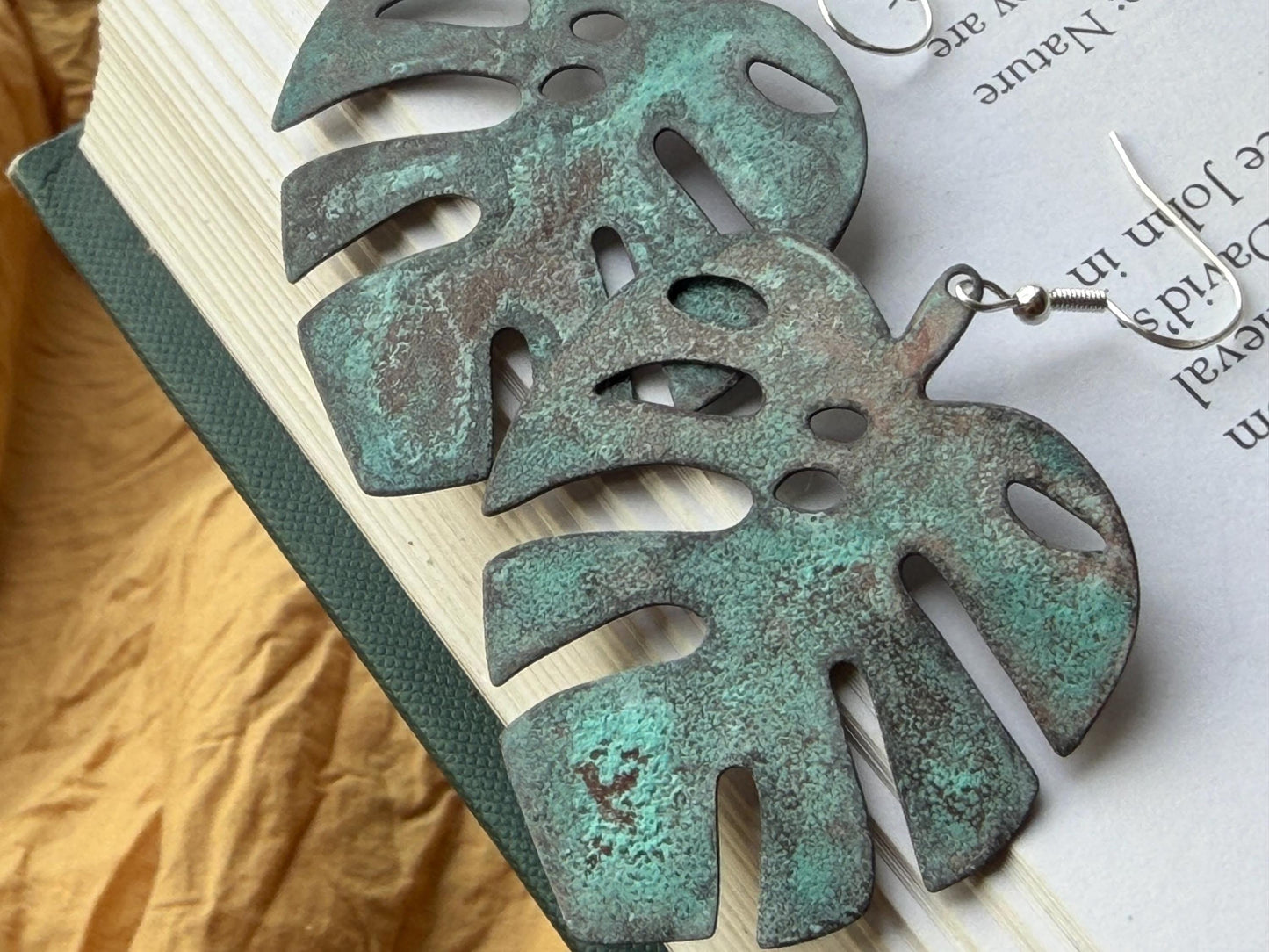 Handmade leaf earrings. Rustic earrings, unusual earrings, unusual gift for her, blue earrings, boho earrings, large statement earrings.