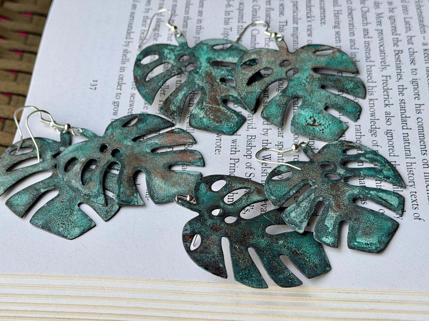 Handmade leaf earrings. Rustic earrings, unusual earrings, unusual gift for her, blue earrings, boho earrings, large statement earrings.