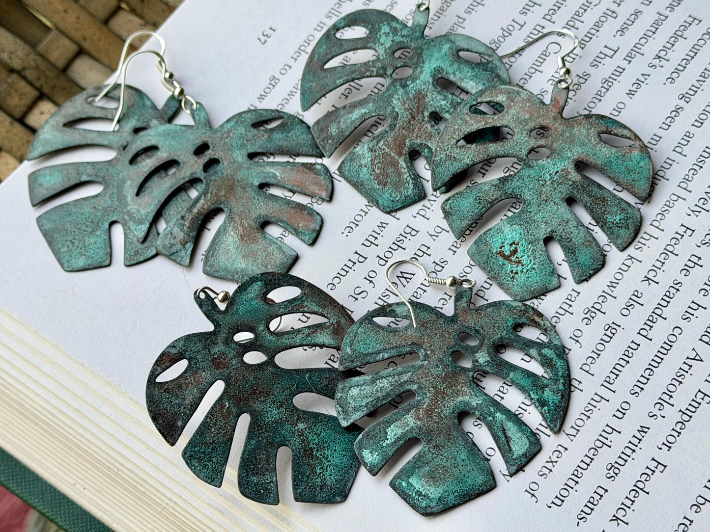 Handmade leaf earrings. Rustic earrings, unusual earrings, unusual gift for her, blue earrings, boho earrings, large statement earrings.