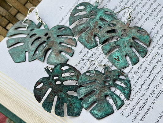 Handmade leaf earrings. Rustic earrings, unusual earrings, unusual gift for her, blue earrings, boho earrings, large statement earrings.