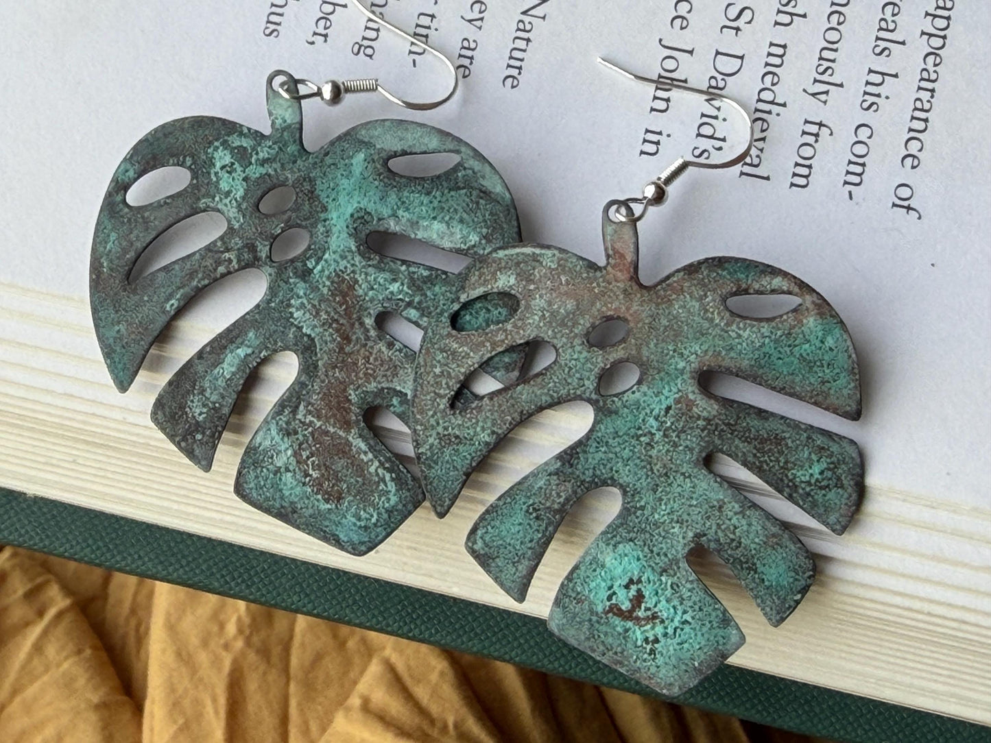 Handmade leaf earrings. Rustic earrings, unusual earrings, unusual gift for her, blue earrings, boho earrings, large statement earrings.