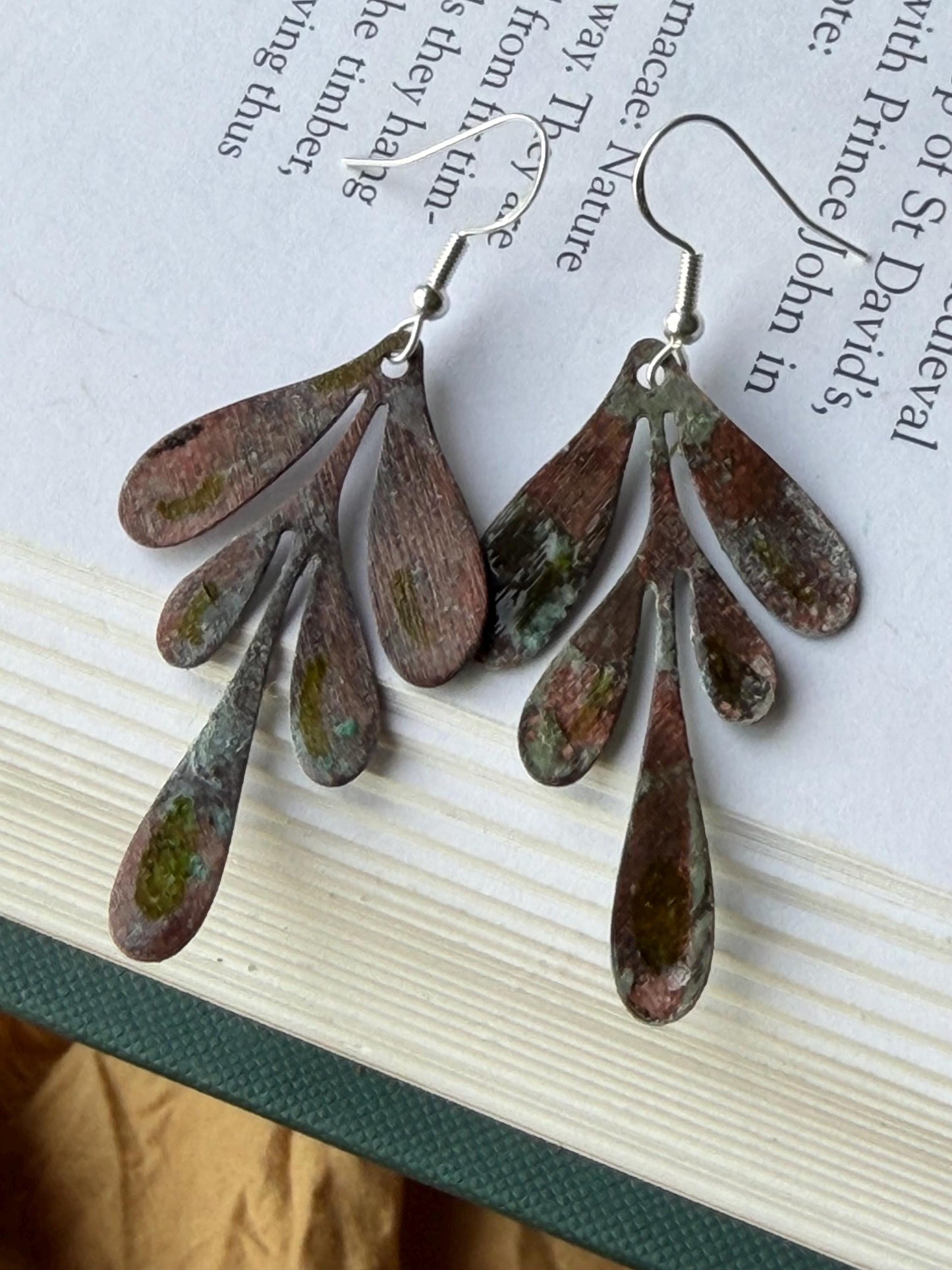 Handmade leaf earrings. Rustic earrings, unusual earrings, unusual gift for her, blue earrings, boho earrings, leaf jewellery, hippy gift