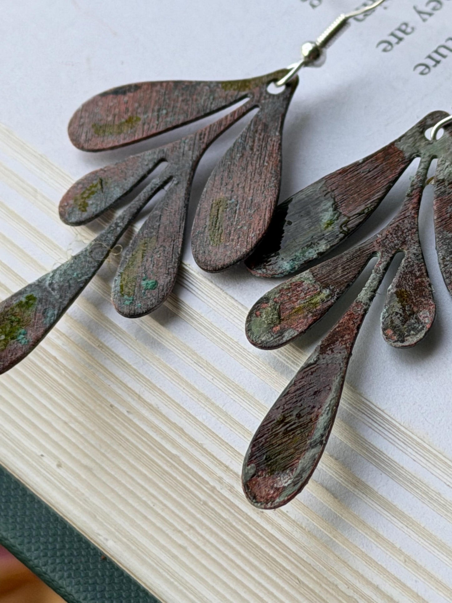 Handmade leaf earrings. Rustic earrings, unusual earrings, unusual gift for her, blue earrings, boho earrings, leaf jewellery, hippy gift