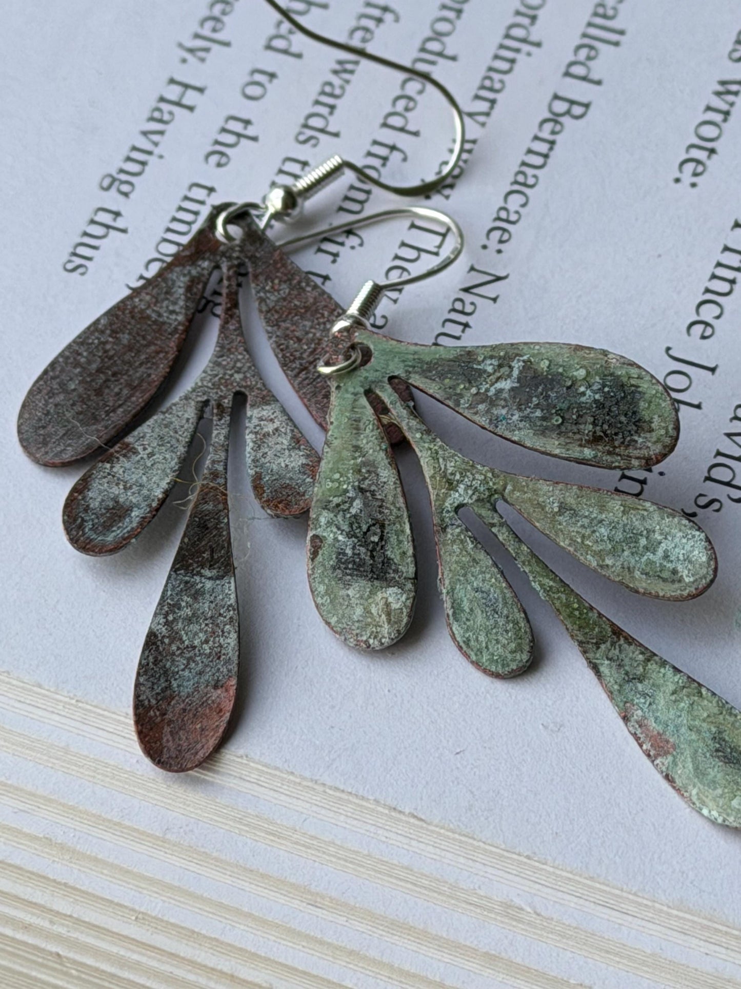 Handmade leaf earrings. Rustic earrings, unusual earrings, unusual gift for her, blue earrings, boho earrings, leaf jewellery, hippy gift