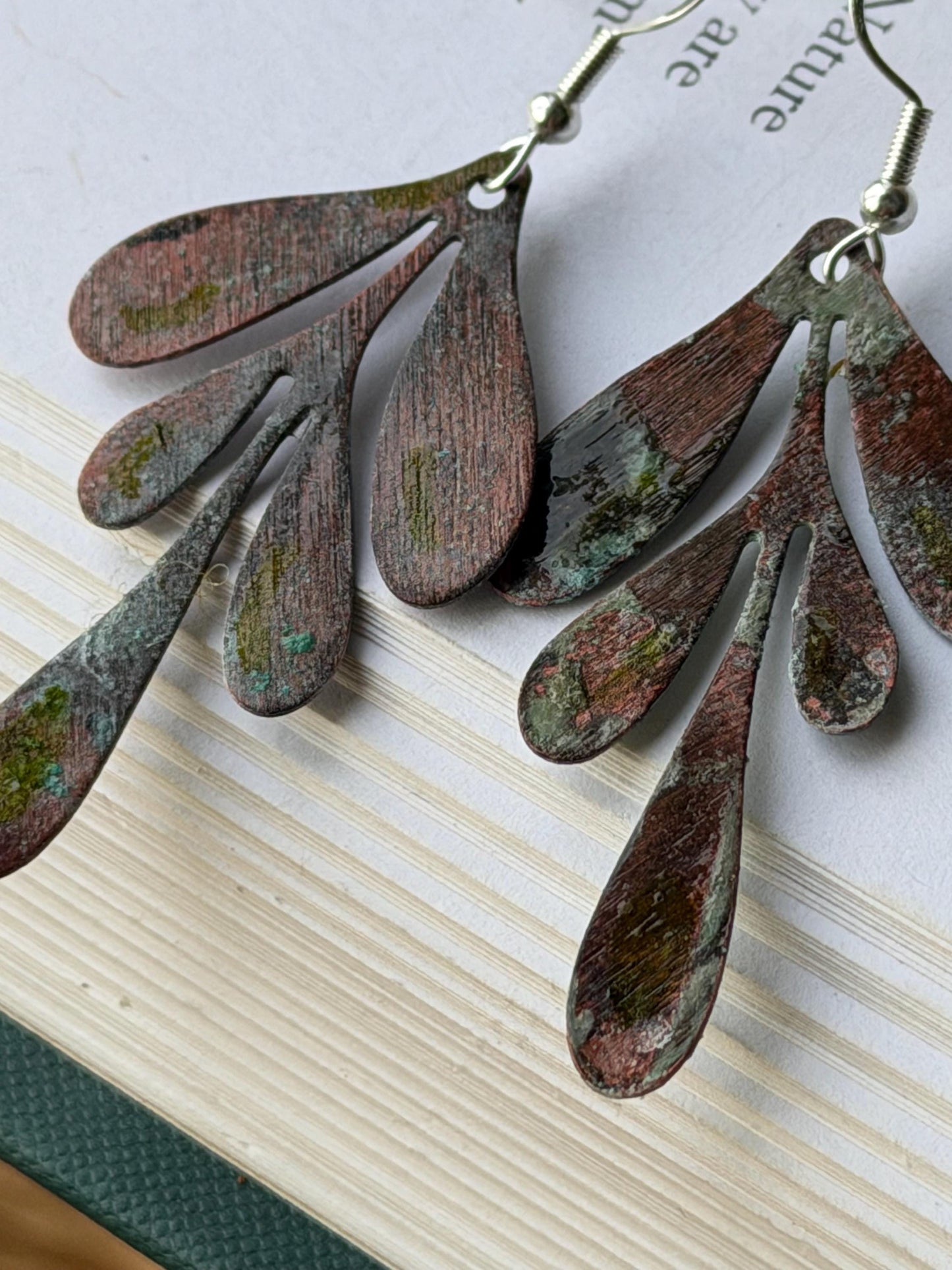 Handmade leaf earrings. Rustic earrings, unusual earrings, unusual gift for her, blue earrings, boho earrings, leaf jewellery, hippy gift