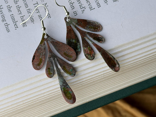 Handmade leaf earrings. Rustic earrings, unusual earrings, unusual gift for her, blue earrings, boho earrings, leaf jewellery, hippy gift
