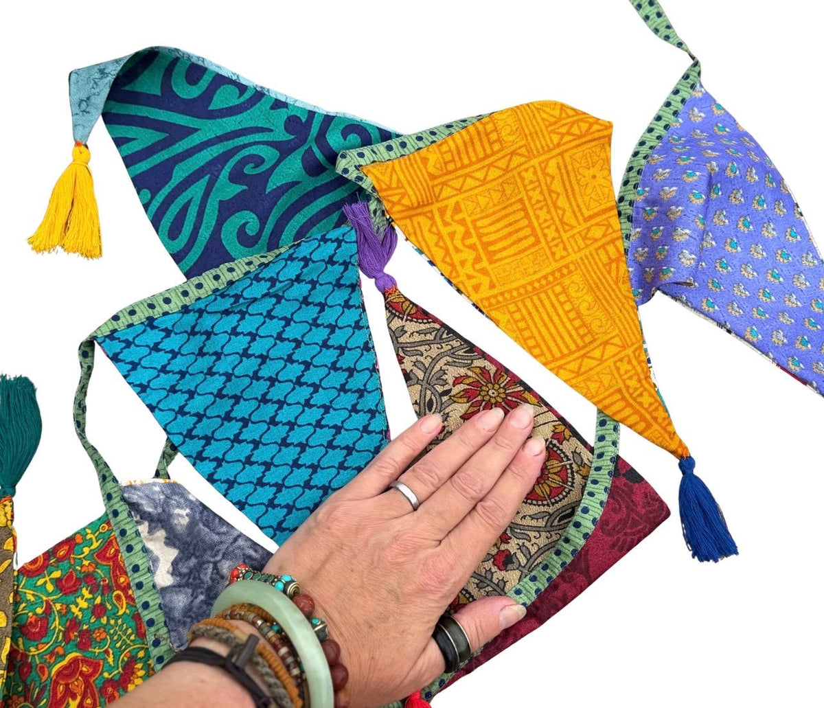 Recycled bunting with long ties and tassels. Boho bunting for home, garden and parties. Party flags with tassels.  Colourful  & eco friendly
