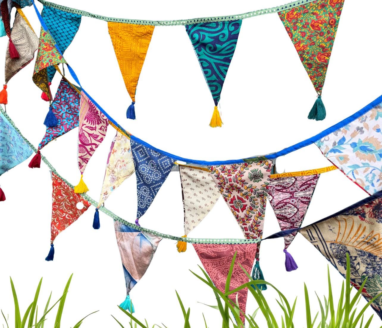 Recycled bunting with long ties and tassels. Boho bunting for home, garden and parties. Party flags with tassels.  Colourful  & eco friendly