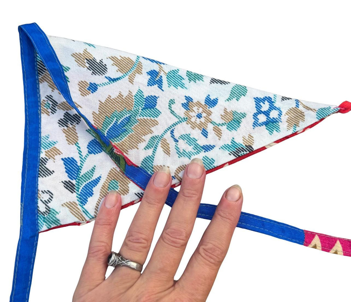 Recycled bunting with long ties and tassels. Boho bunting for home, garden and parties. Party flags with tassels.  Colourful  & eco friendly