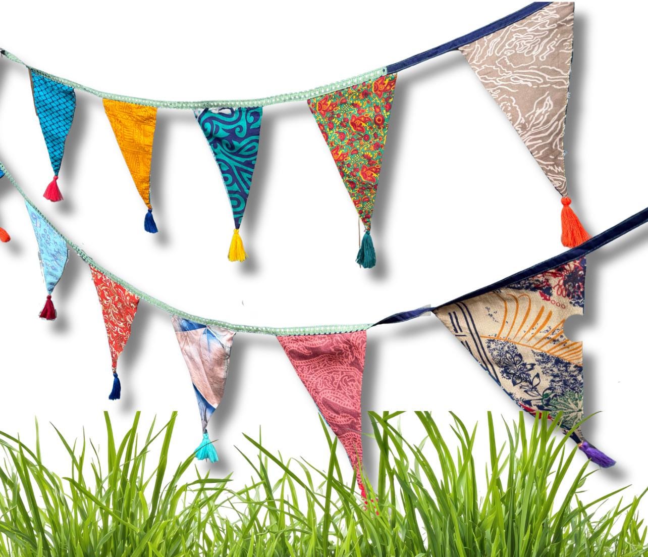Recycled bunting with long ties and tassels. Boho bunting for home, garden and parties. Party flags with tassels.  Colourful  & eco friendly