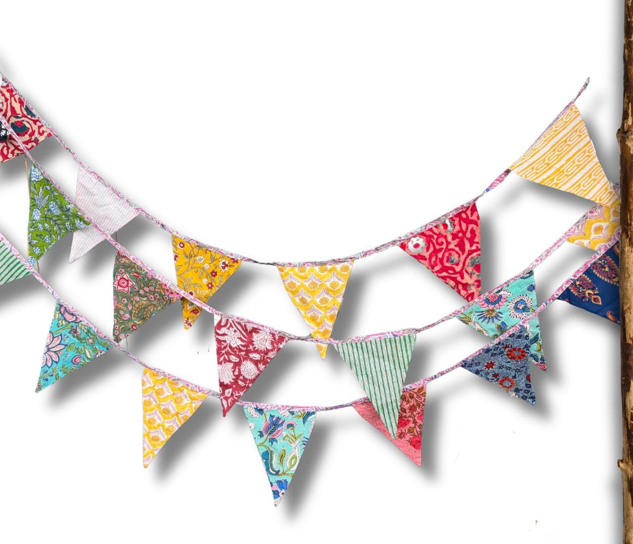 Colourful organic cotton bunting with long ties. Boho bunting for home, garden and parties. Party flags. Wedding bunting. Garden parties.
