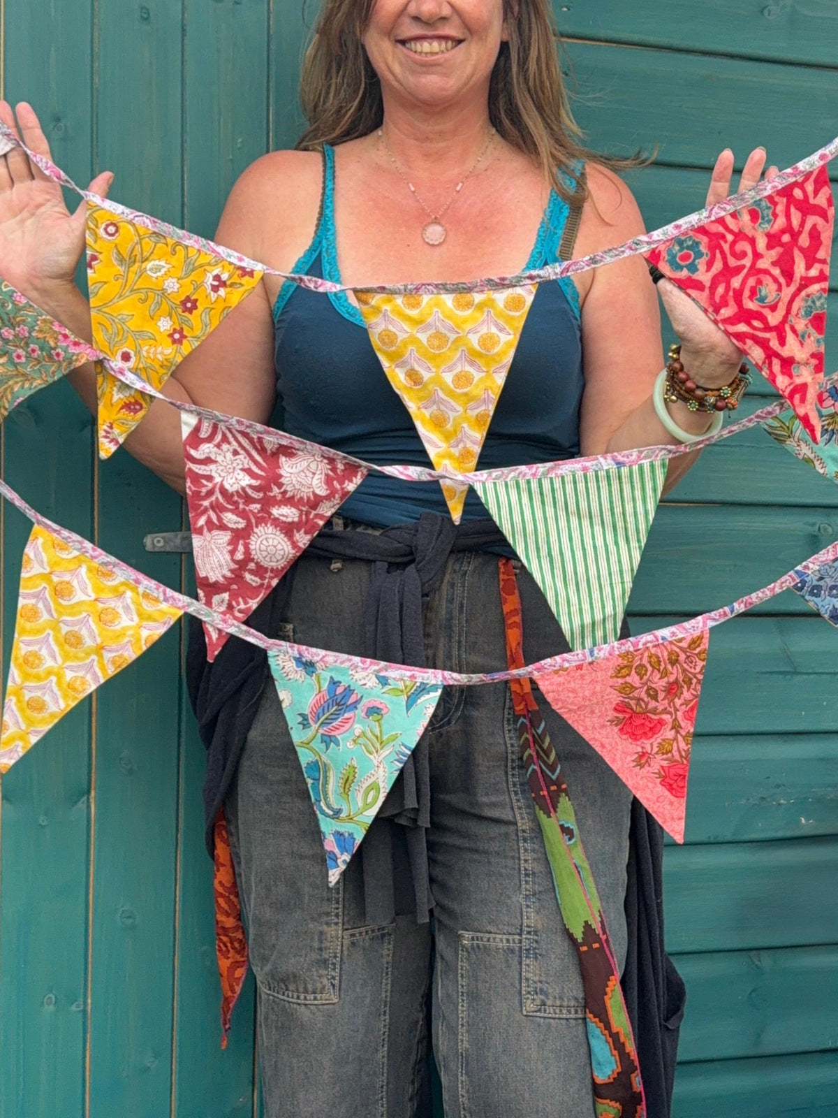 Colourful organic cotton bunting with long ties. Boho bunting for home, garden and parties. Party flags. Wedding bunting. Garden parties.