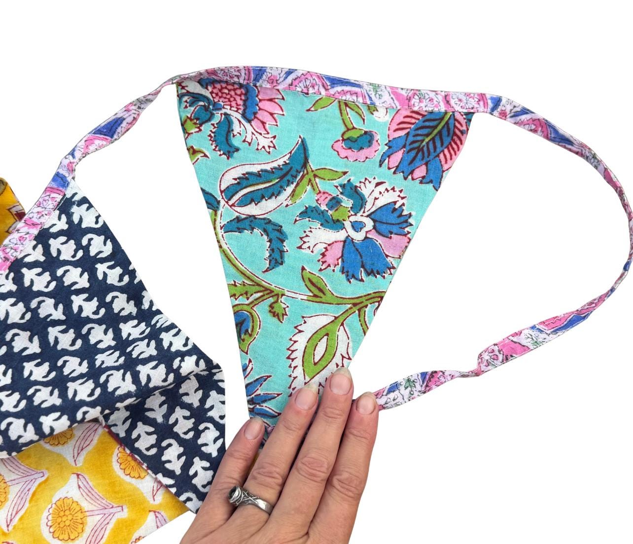 Colourful organic cotton bunting with long ties. Boho bunting for home, garden and parties. Party flags. Wedding bunting. Garden parties.