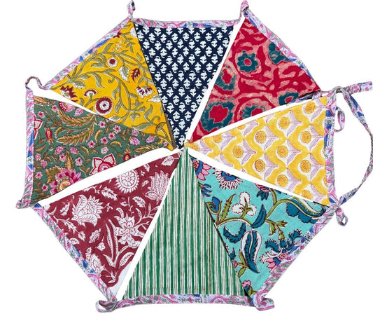 Colourful organic cotton bunting with long ties. Boho bunting for home, garden and parties. Party flags. Wedding bunting. Garden parties.