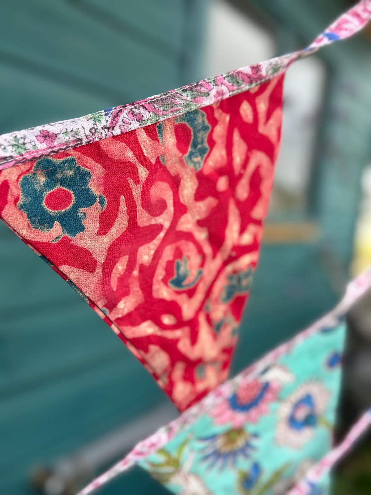 Colourful organic cotton bunting with long ties. Boho bunting for home, garden and parties. Party flags. Wedding bunting. Garden parties.