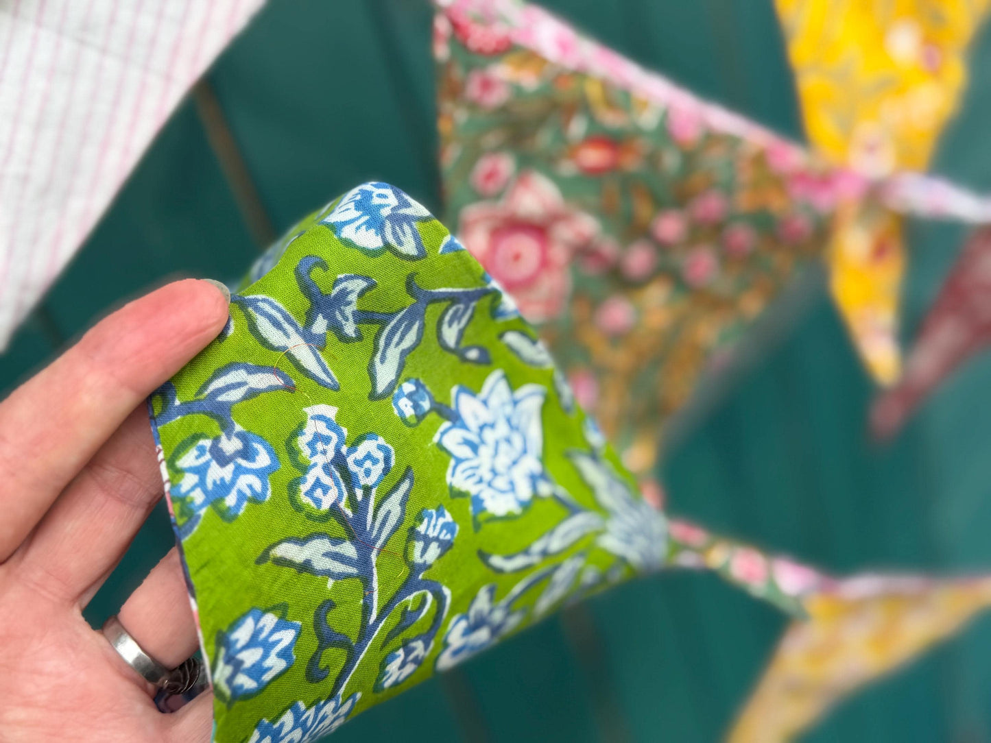 Colourful organic cotton bunting with long ties. Boho bunting for home, garden and parties. Party flags. Wedding bunting. Garden parties.