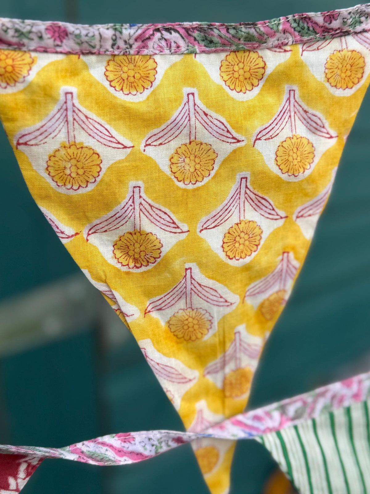 Colourful organic cotton bunting with long ties. Boho bunting for home, garden and parties. Party flags. Wedding bunting. Garden parties.