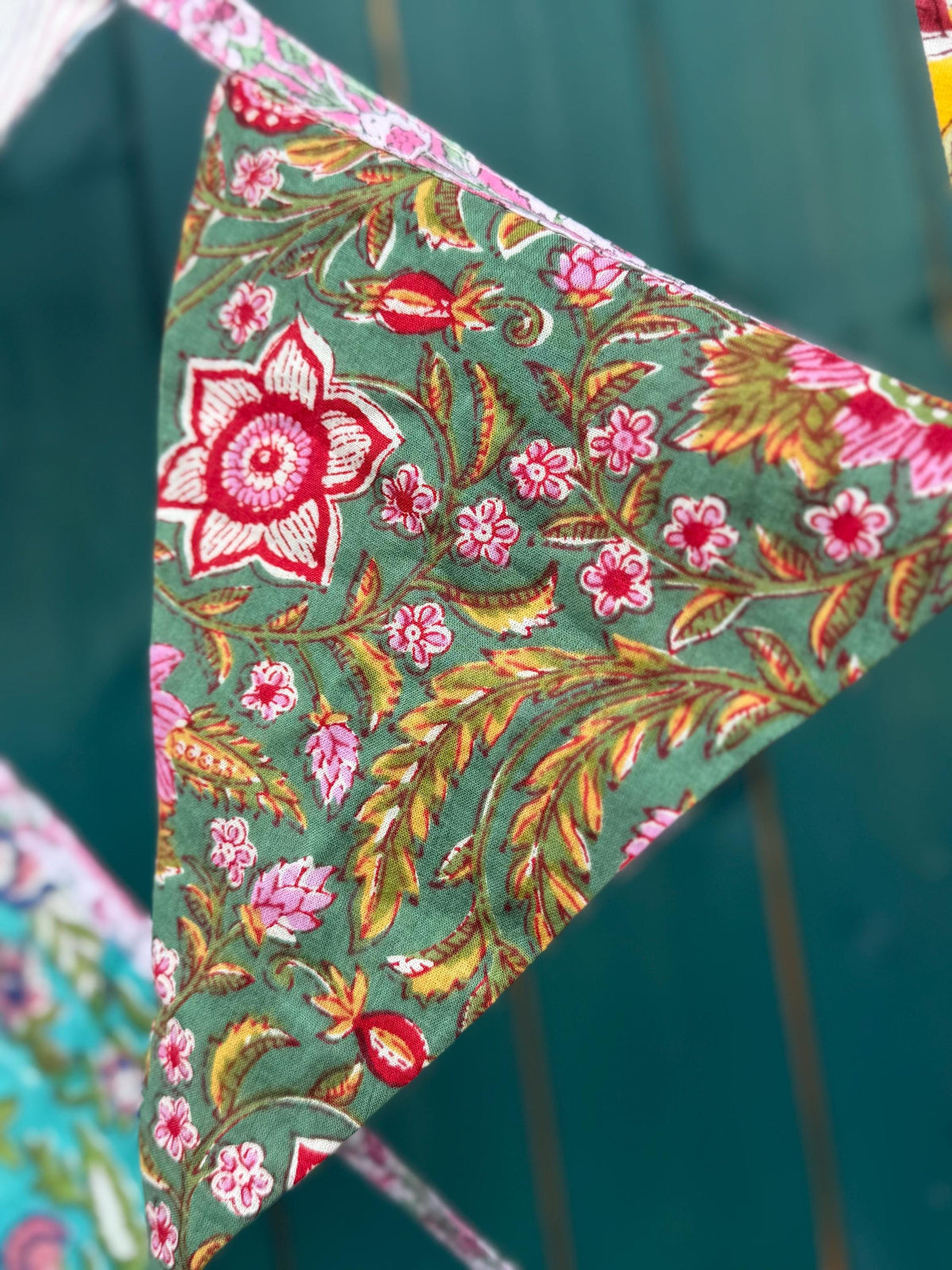 Colourful organic cotton bunting with long ties. Boho bunting for home, garden and parties. Party flags. Wedding bunting. Garden parties.
