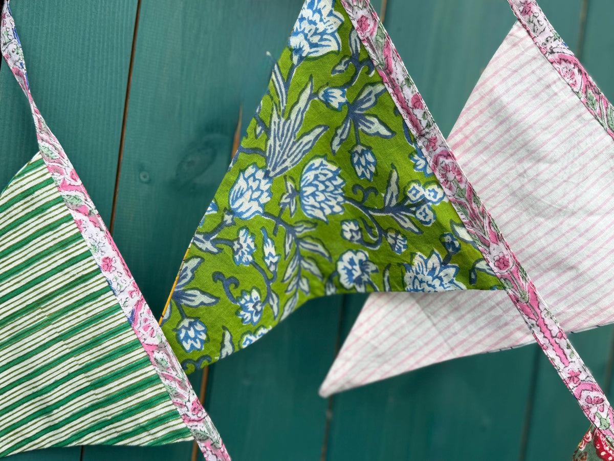 Colourful organic cotton bunting with long ties. Boho bunting for home, garden and parties. Party flags. Wedding bunting. Garden parties.