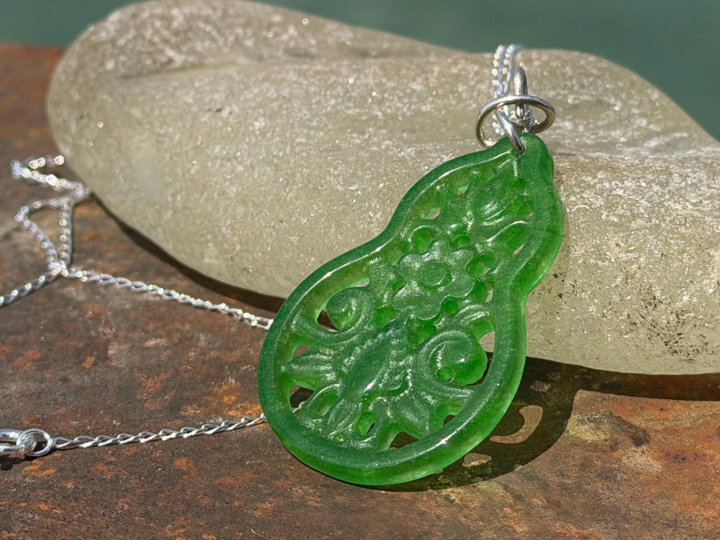Carved jade necklace. Jade pendant. Unusual green gemstone necklace. Boho jewellery. Handmade jade jewellery.