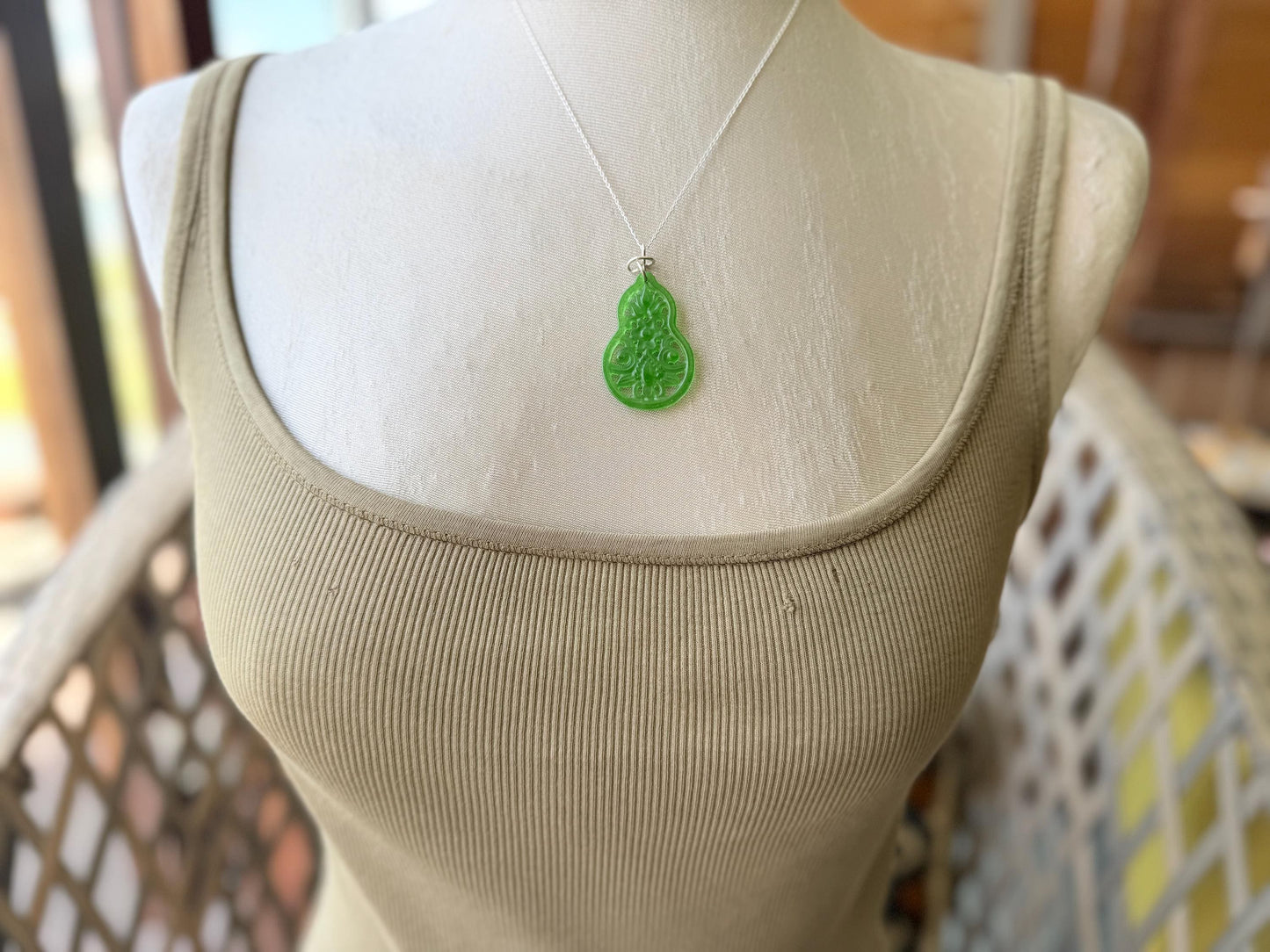 Carved jade necklace. Jade pendant. Unusual green gemstone necklace. Boho jewellery. Handmade jade jewellery.