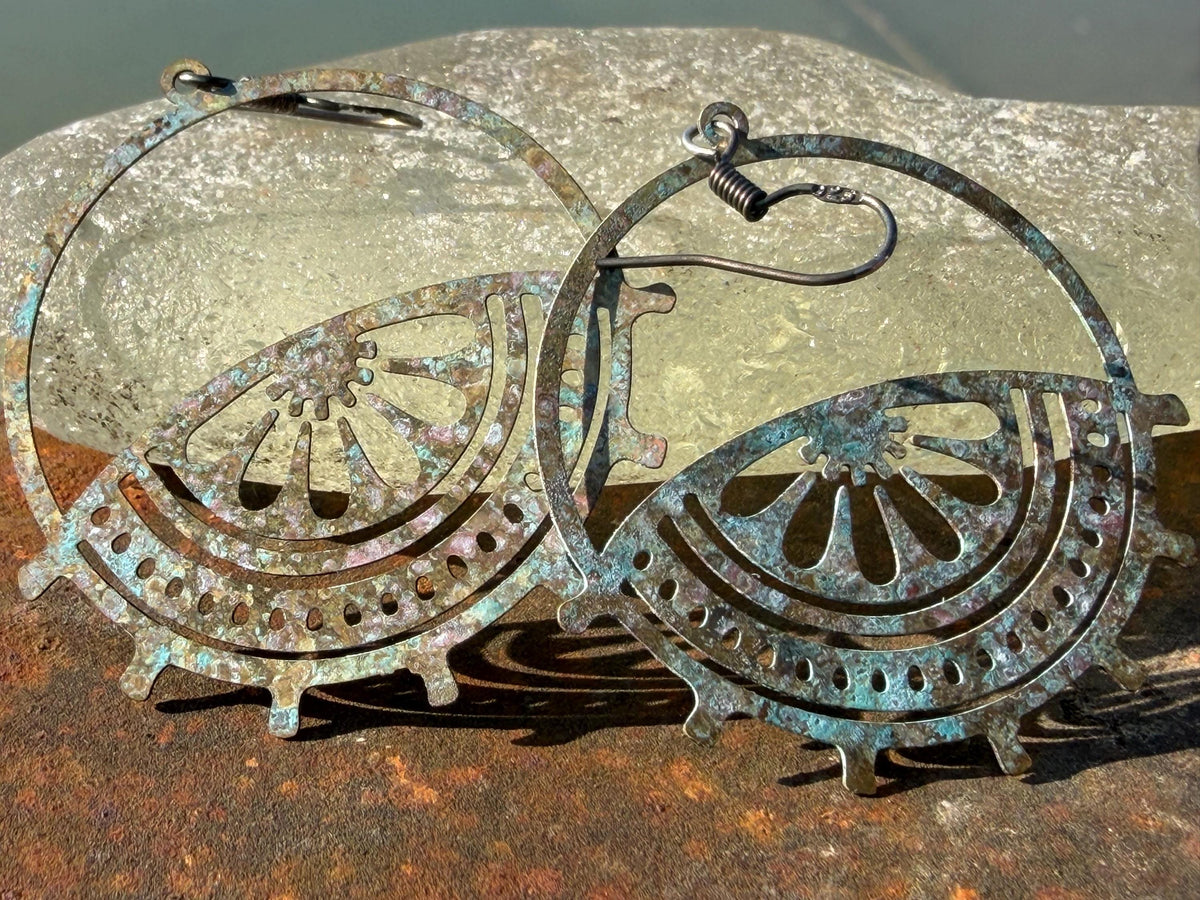 Handmade patina earrings. Rustic earrings, unusual earrings, unusual gift for her, blue earrings, boho earrings, patina jewellery. Hoops.