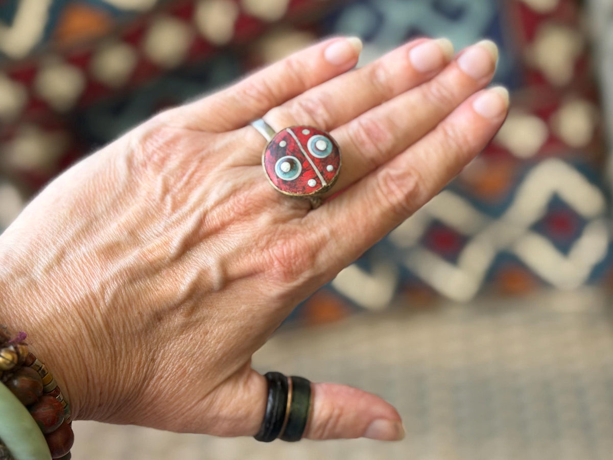 Fabulous vintage red ring made from brass and enamel. Statement ring. Eco friendly jewellery. Ethical jewellery. Large red jewellery.