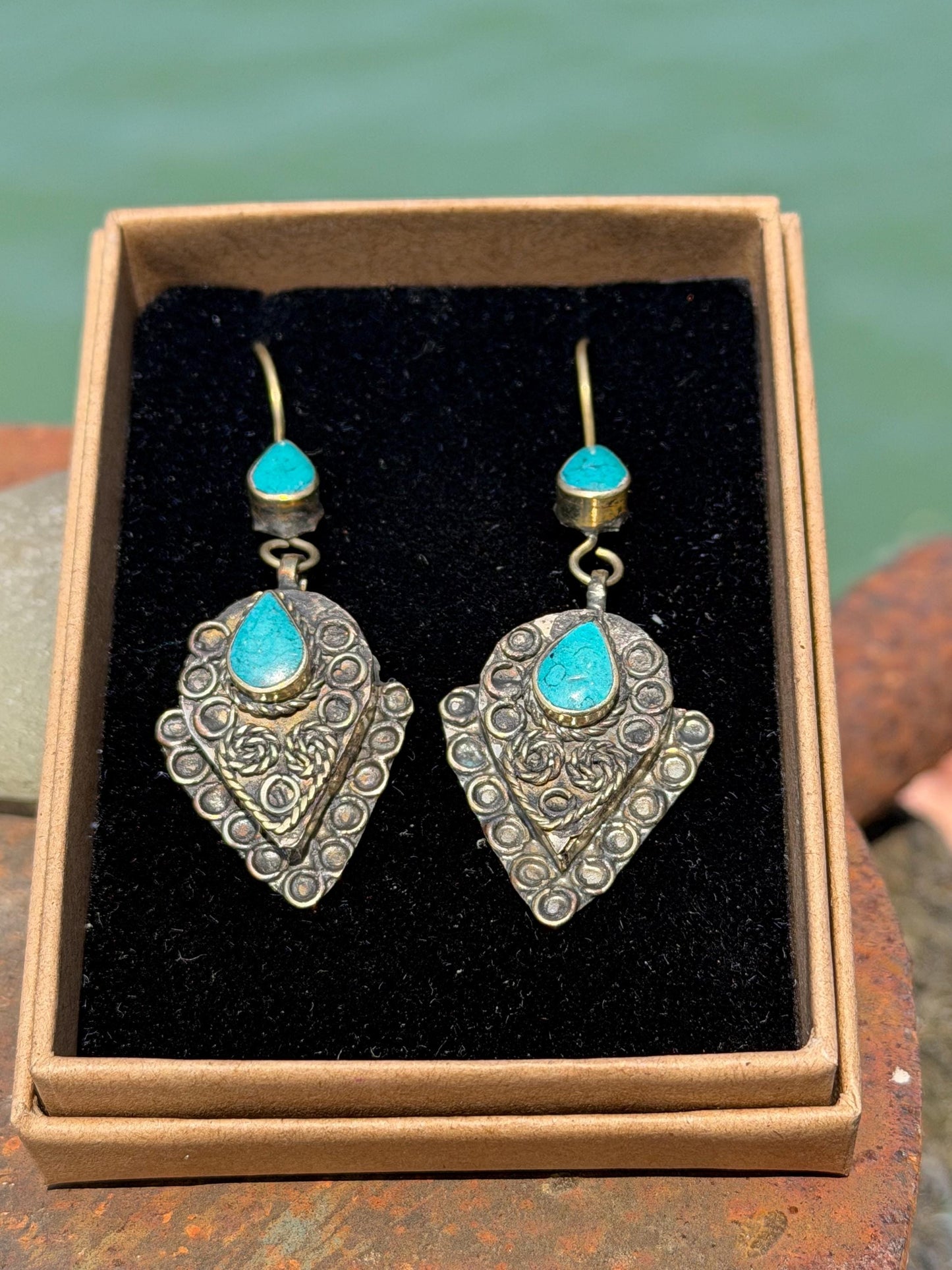 Vintage turquoise earrings, turquoise jewellery, ethical jewellery, gypsy earrings. Eco friendly jewellery. Ethical jewellery.