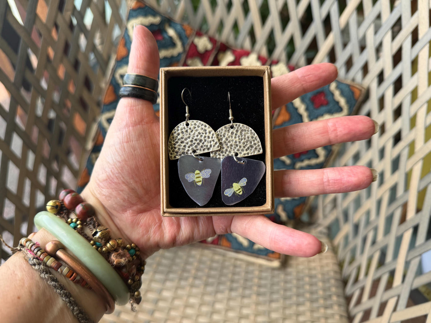 Bee earrings.  Bee jewellery, boho jewellery, ethical earrings, unique earrings, eco friendly jewellery, gift for her, ethical jewellery