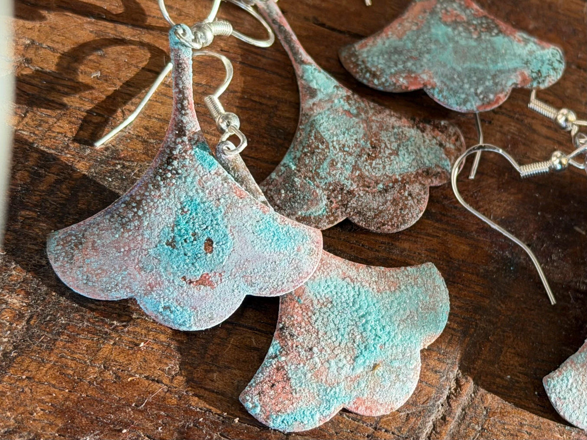 Handmade leaf earrings. Rustic earrings, unusual earrings, unusual gift for her, blue earrings, boho earrings, leaf jewellery, hippy gift