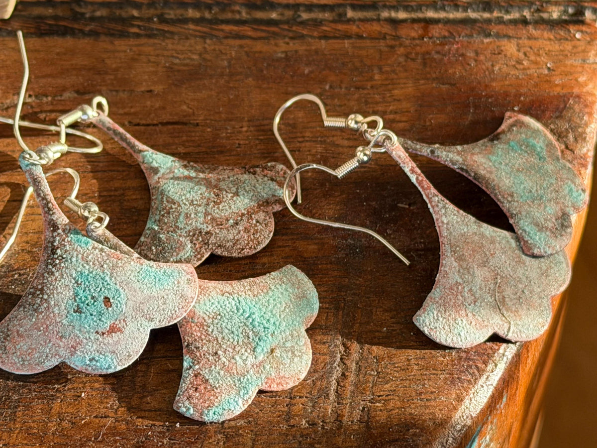 Handmade leaf earrings. Rustic earrings, unusual earrings, unusual gift for her, blue earrings, boho earrings, leaf jewellery, hippy gift