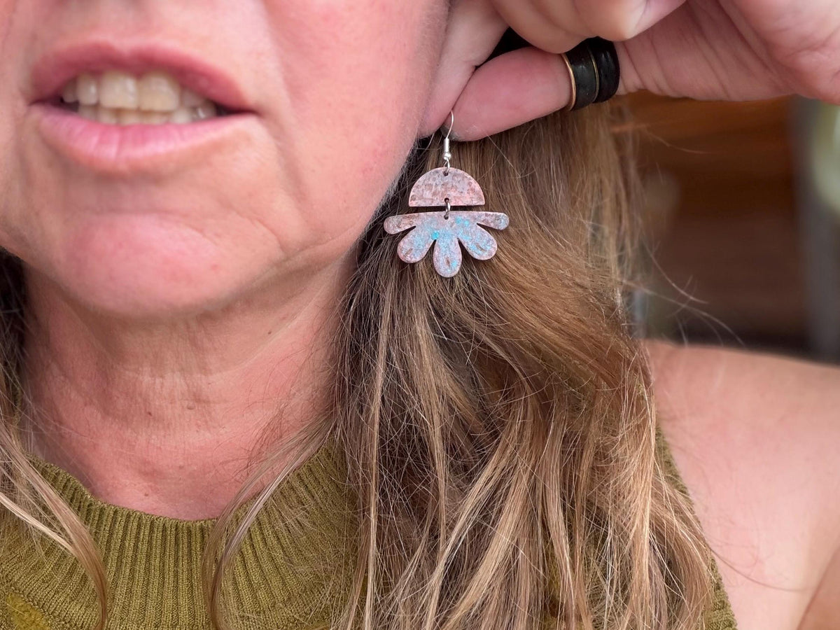 Handmade flower earrings. Rustic earrings, unusual earrings, unusual gift for her, blue earrings, boho earrings, leaf jewellery, hippy gift